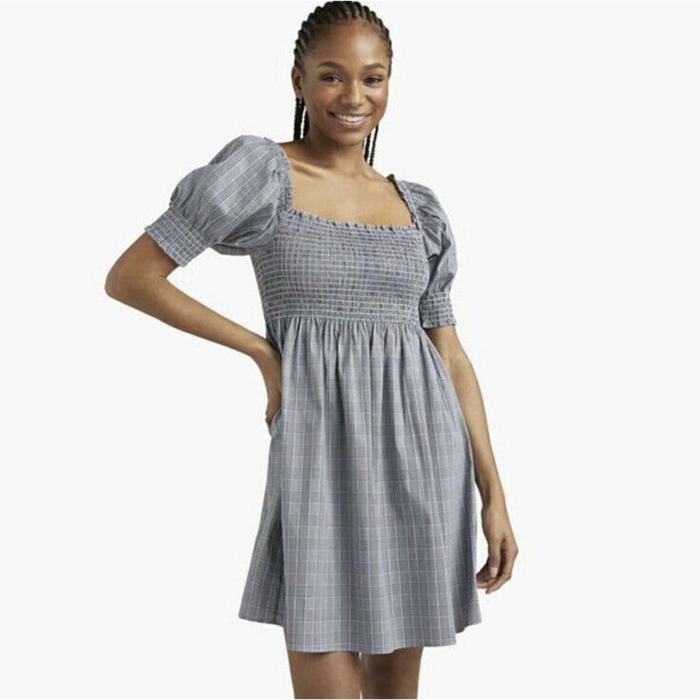 Hill House Athena Gray Blue Plaid Check Puff Sleeve Smocked Mini Nap Dress Small